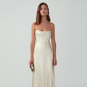 Fame and Partners Strappy Draped Gown - Ivory Matte Satin - Size 8